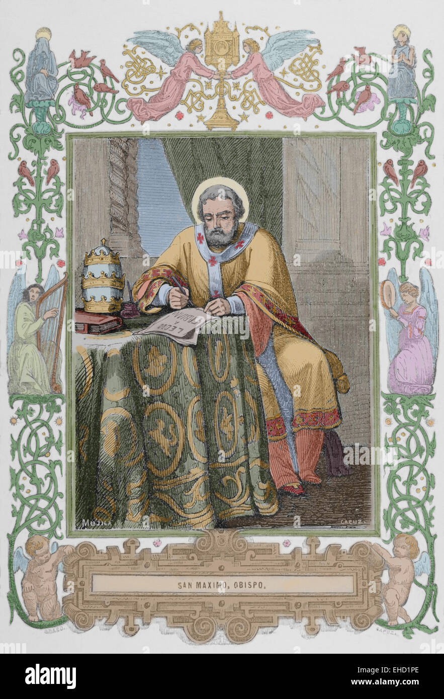 Máximo el Confesor (580-662). Monje cristiano, teólogo y erudito. Grabado por Capuz, 1853. Coloreada. Foto de stock