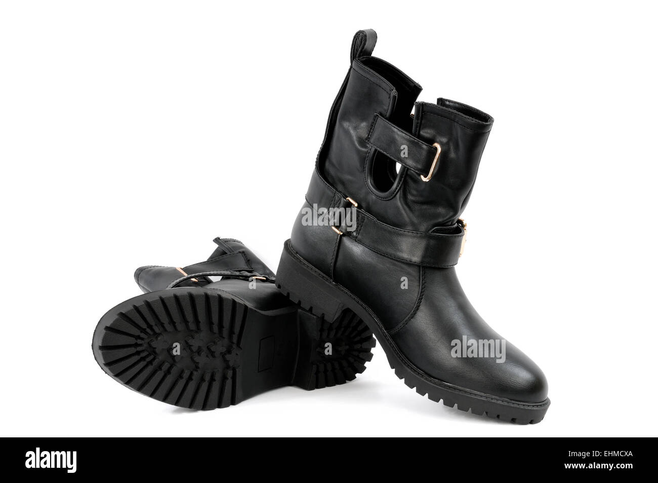 Zapatos de Mujer tipo botines en cuero negro, fotografiado sobre fondo  blanco Fotografía de stock - Alamy