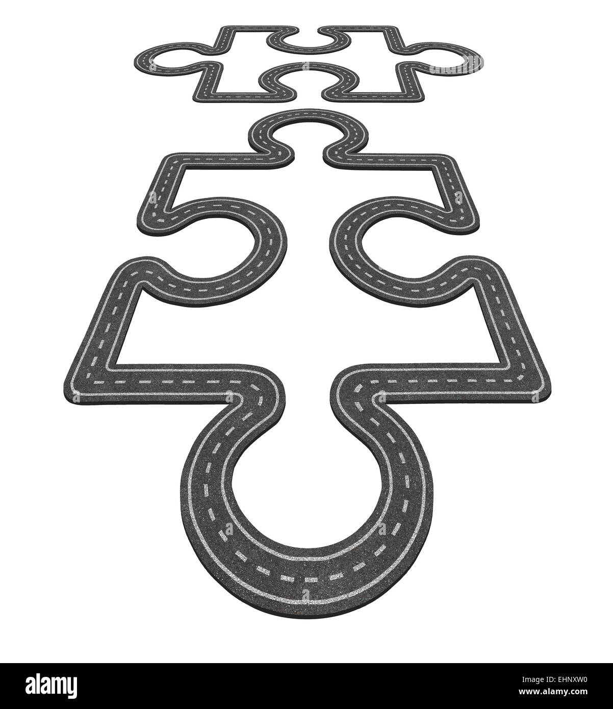 Concepto de conexión por carretera como dos piezas de un rompecabezas fusionando juntos como símbolo de una red de transporte y de negocios para el desarrollo económico de icono Foto de stock