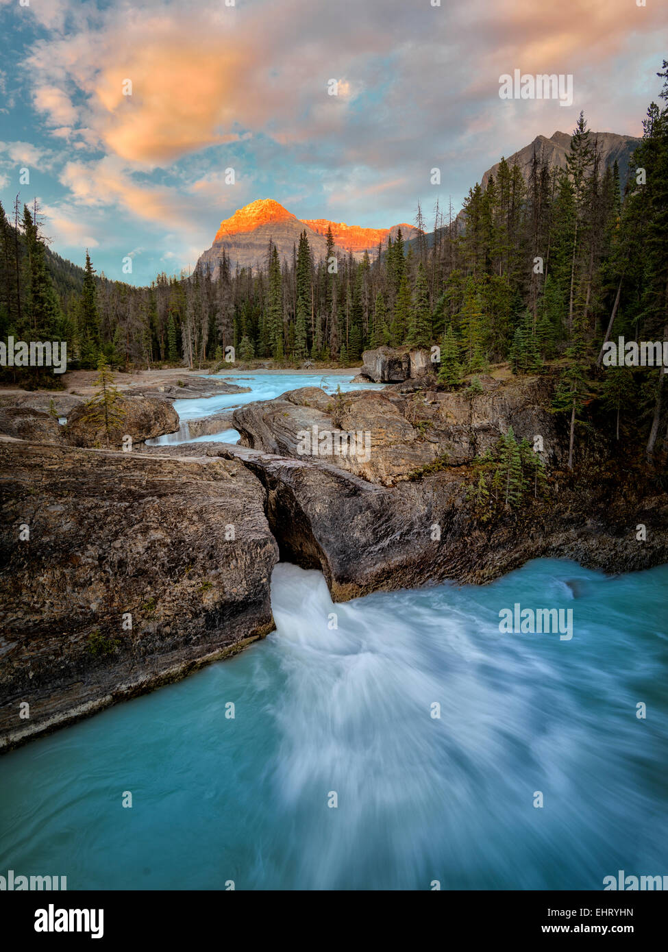 Río Kicking Horse y puente natural disminuye con la puesta de sol en British Columbia's Canadian Rockies y el Parque Nacional Yoho. Foto de stock