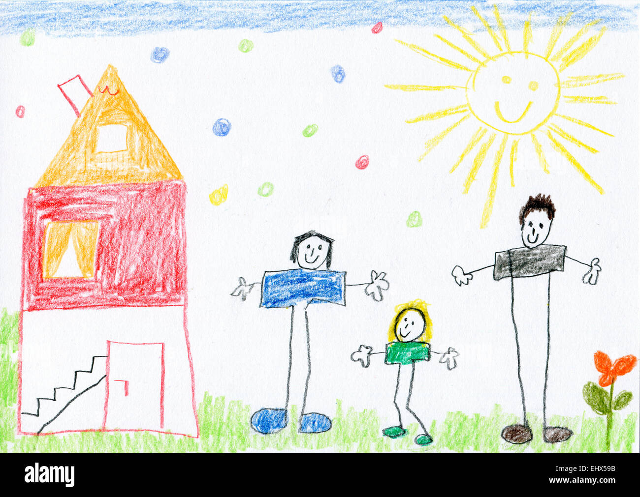 Dibujo infantil de la familia feliz y casa Fotografía de stock - Alamy