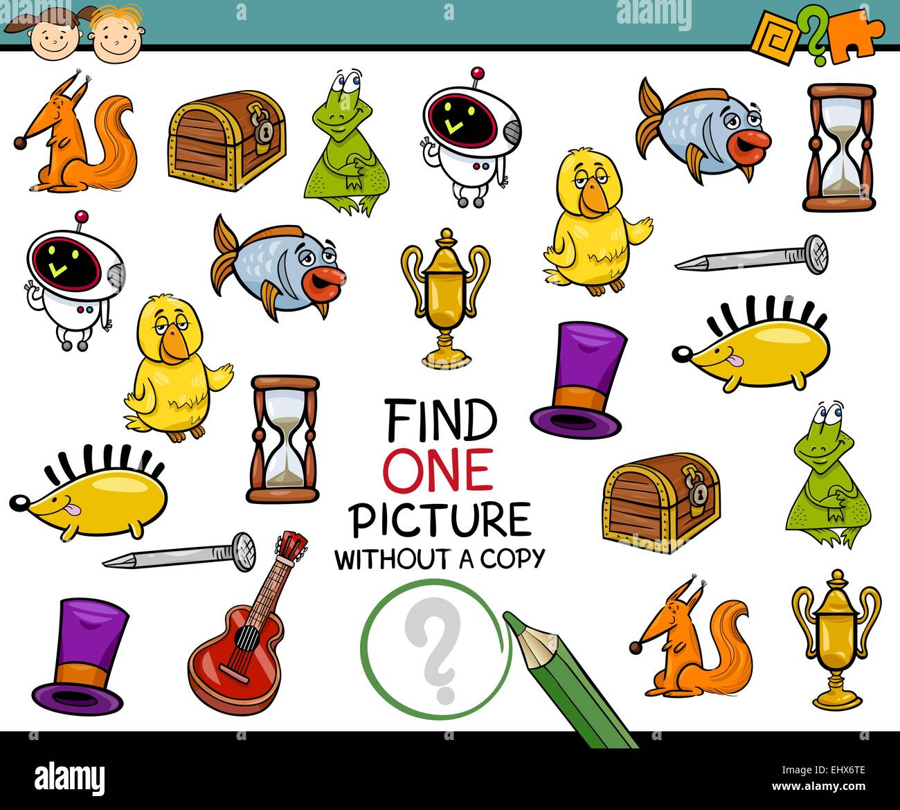 Ilustración de dibujos animados de encontrar una sola imagen sin copiar  juego educativo para niños de edad preescolar Imagen Vector de stock - Alamy