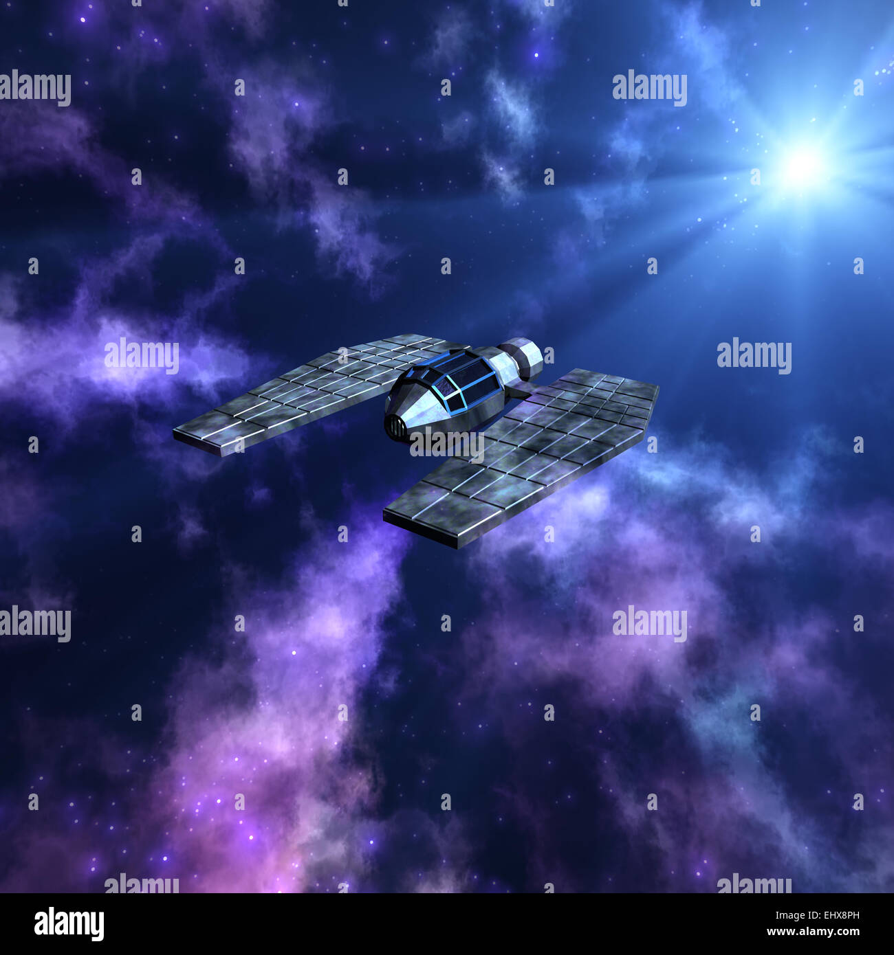 Magnífico espacio estrellado escena 3D con una nave espacial Foto de stock