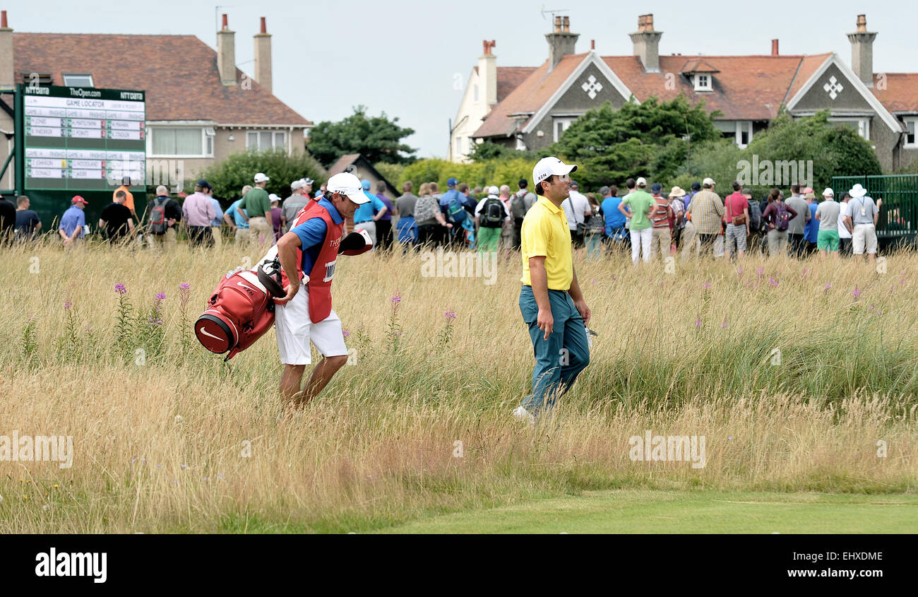 Francesco Molinari, British Open de Golf 2014, Royal Liverpool, Hoylake, orificio, caminar fairway, caddie, Foto de stock