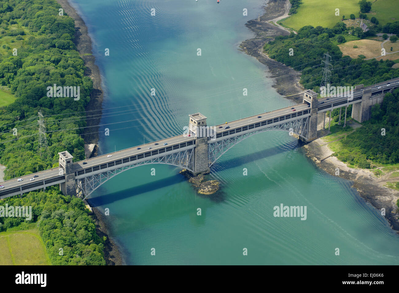 Antena, Britannia Bridge, estrecho de Menai, Gwynedd Foto de stock