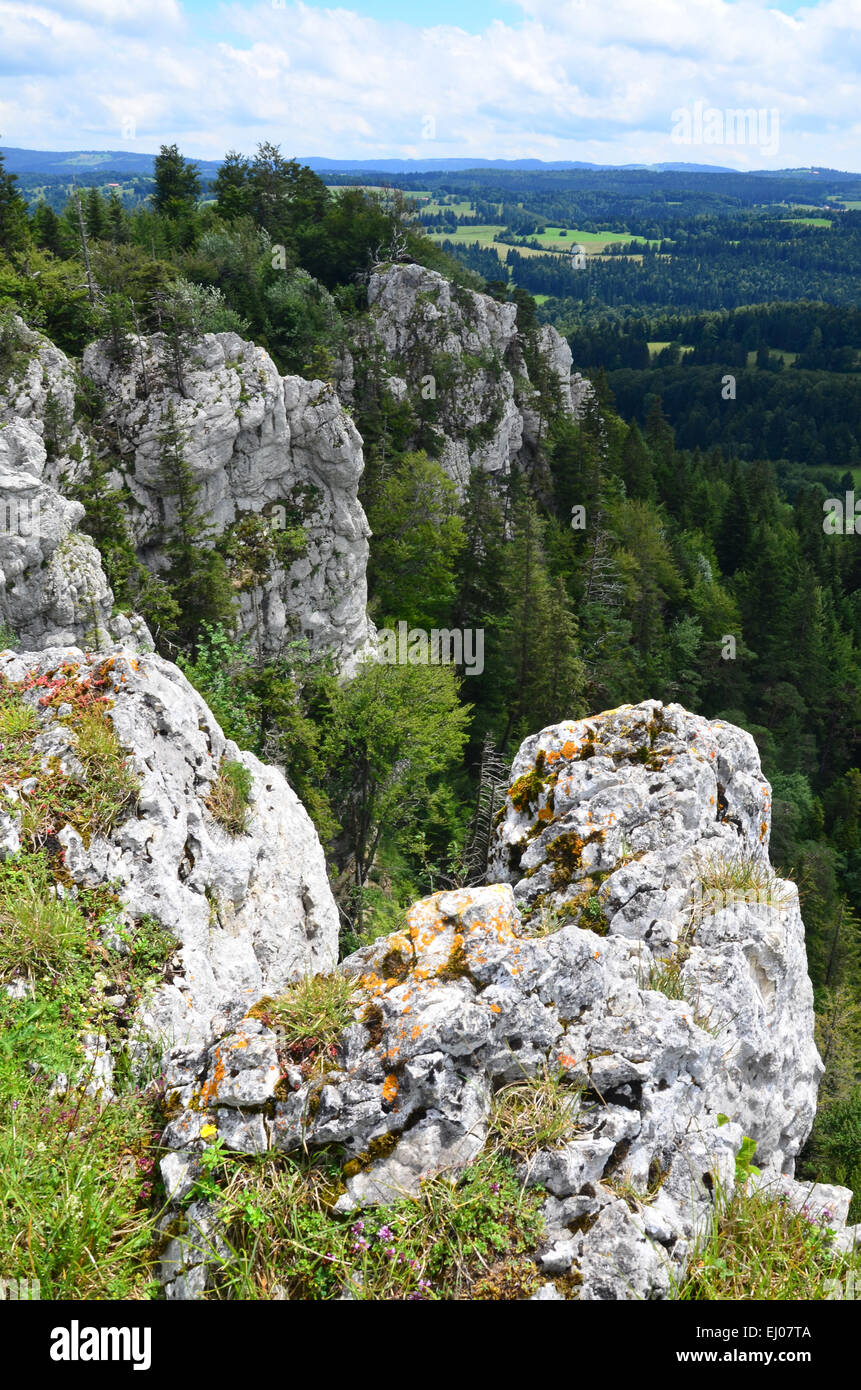 Suiza, Europa, Jura, Freiberge, Franches Montagnes, Les Roches, Les Brais, rock, Cliff, Vantage point, vista panorámica, Foto de stock