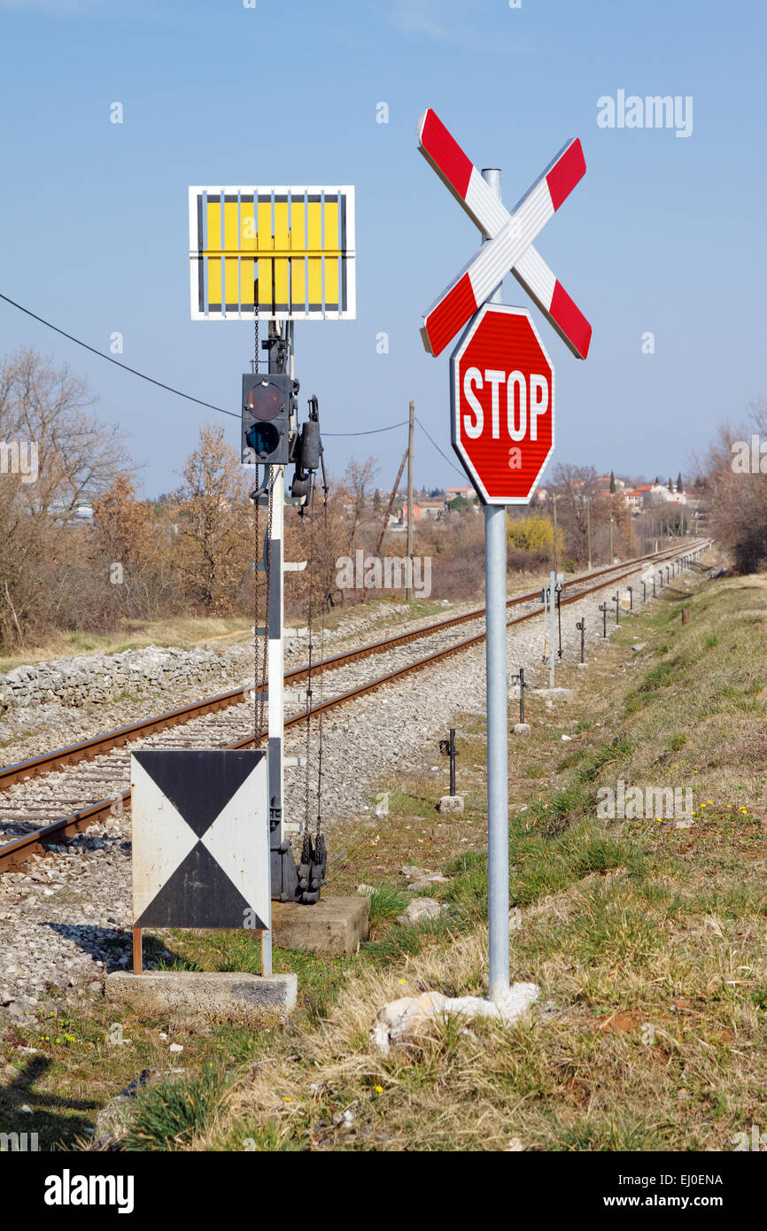 No vigilado el cruce del ferrocarril con signos de ferrocarriles Foto de stock