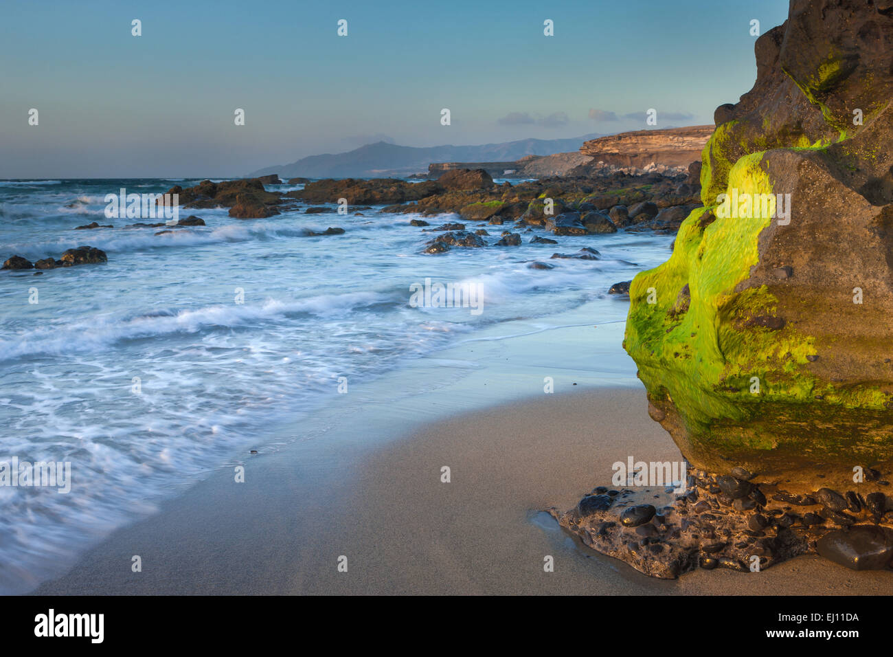 La playa de El Cotillo, España, Europa, Fuerteventura, Islas Canarias, la costa del mar, rock, Cliff, algas Foto de stock
