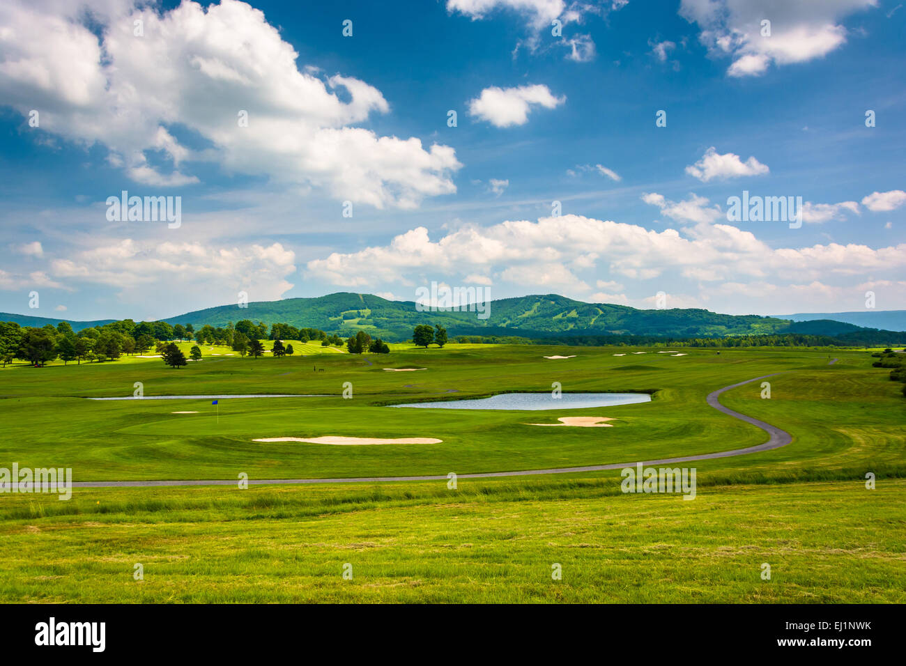 Vista de un campo de golf y las montañas distantes en Canaan Valley State Park, West Virginia. Foto de stock