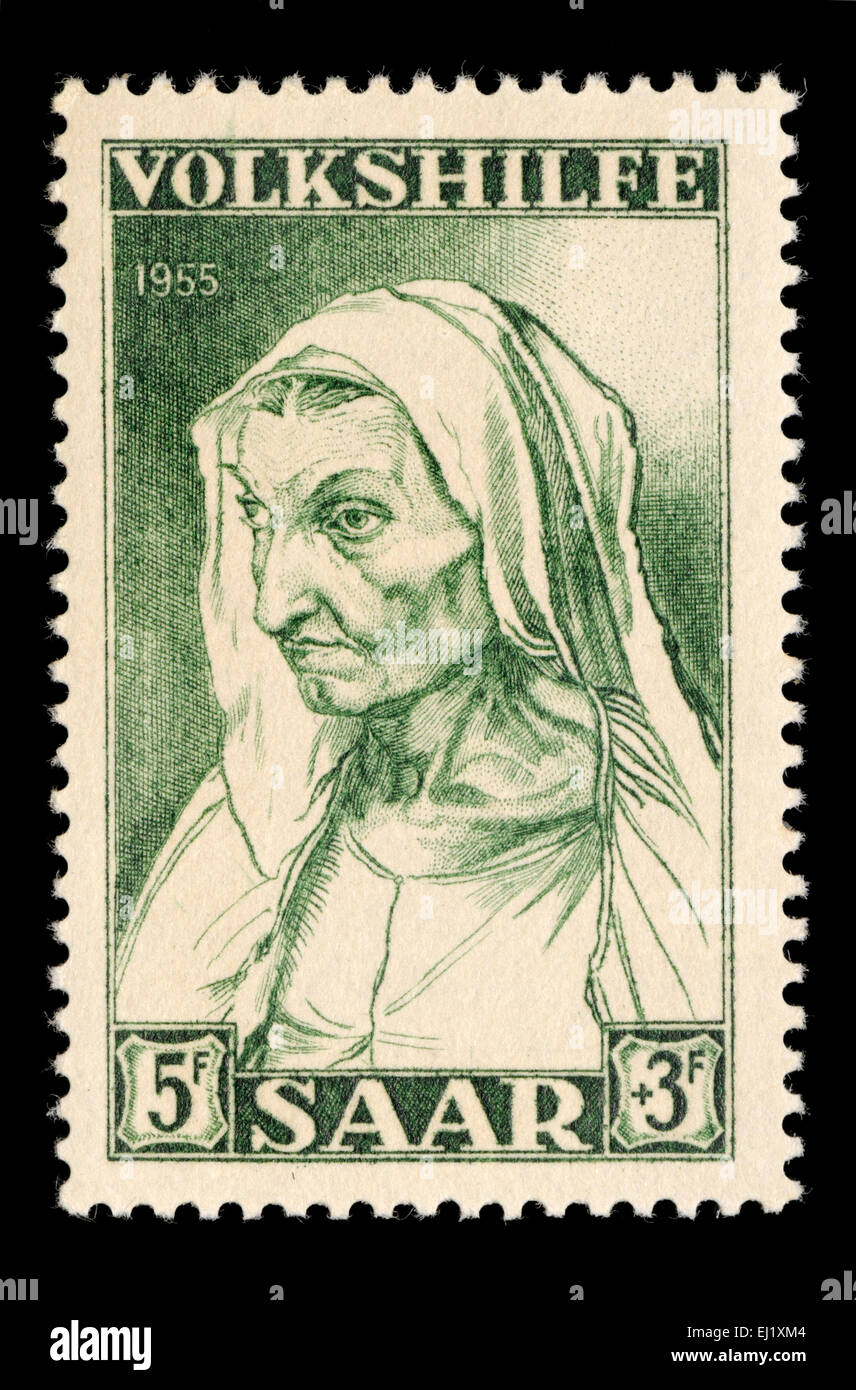 El Saar estampilla postal de 1955 - Volkshilfe caridad sello. Albrecht Durer; la madre de Durer Foto de stock