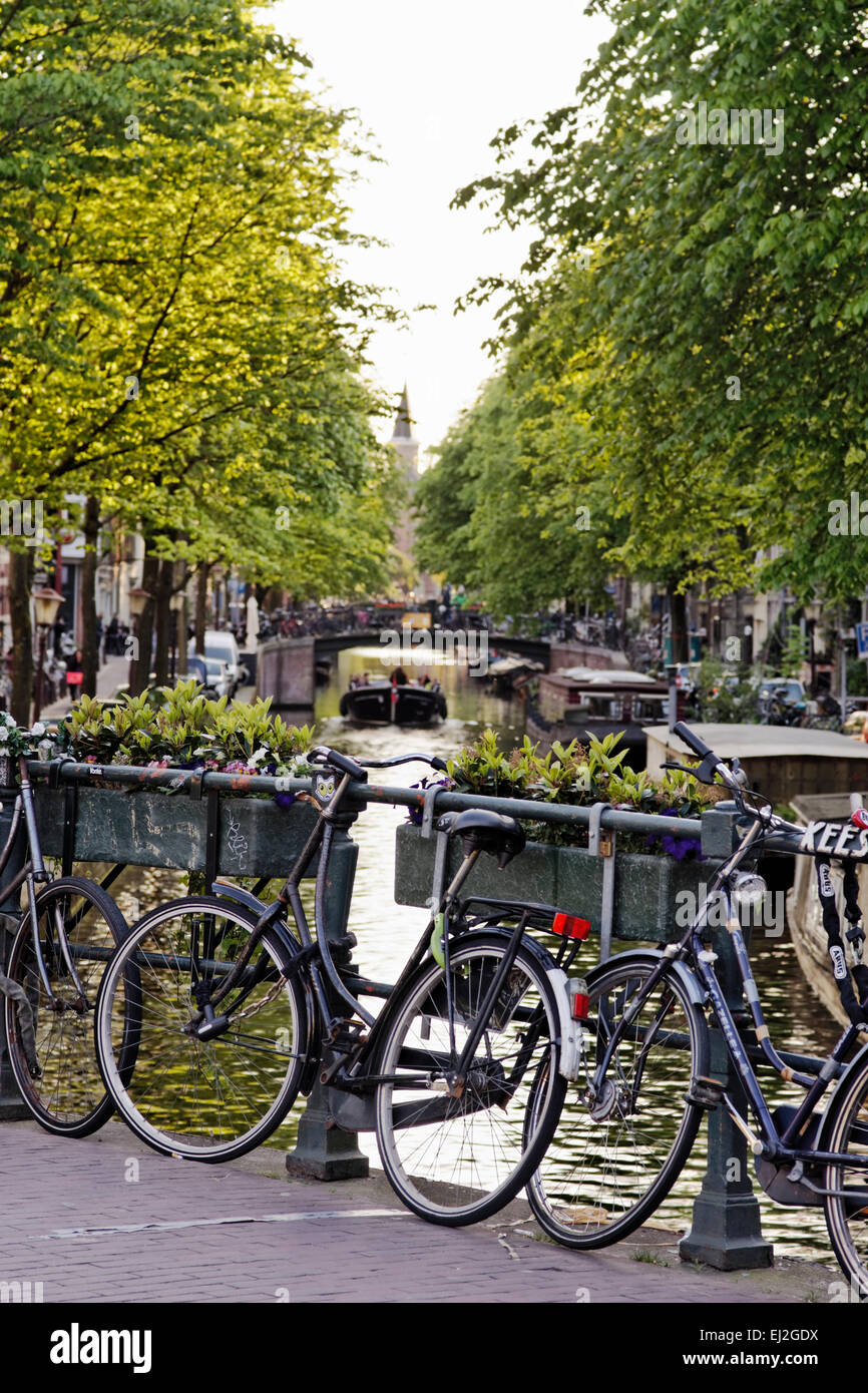 Bicicleta cerca del canal en Amsterdam, Holanda. Foto de stock