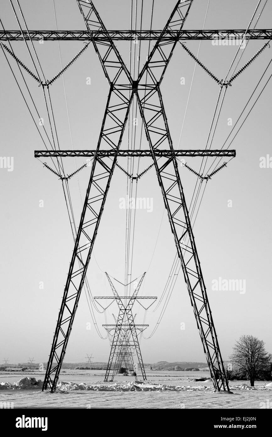 Rodada en blanco y negro del poder pilones en época invernal Foto de stock