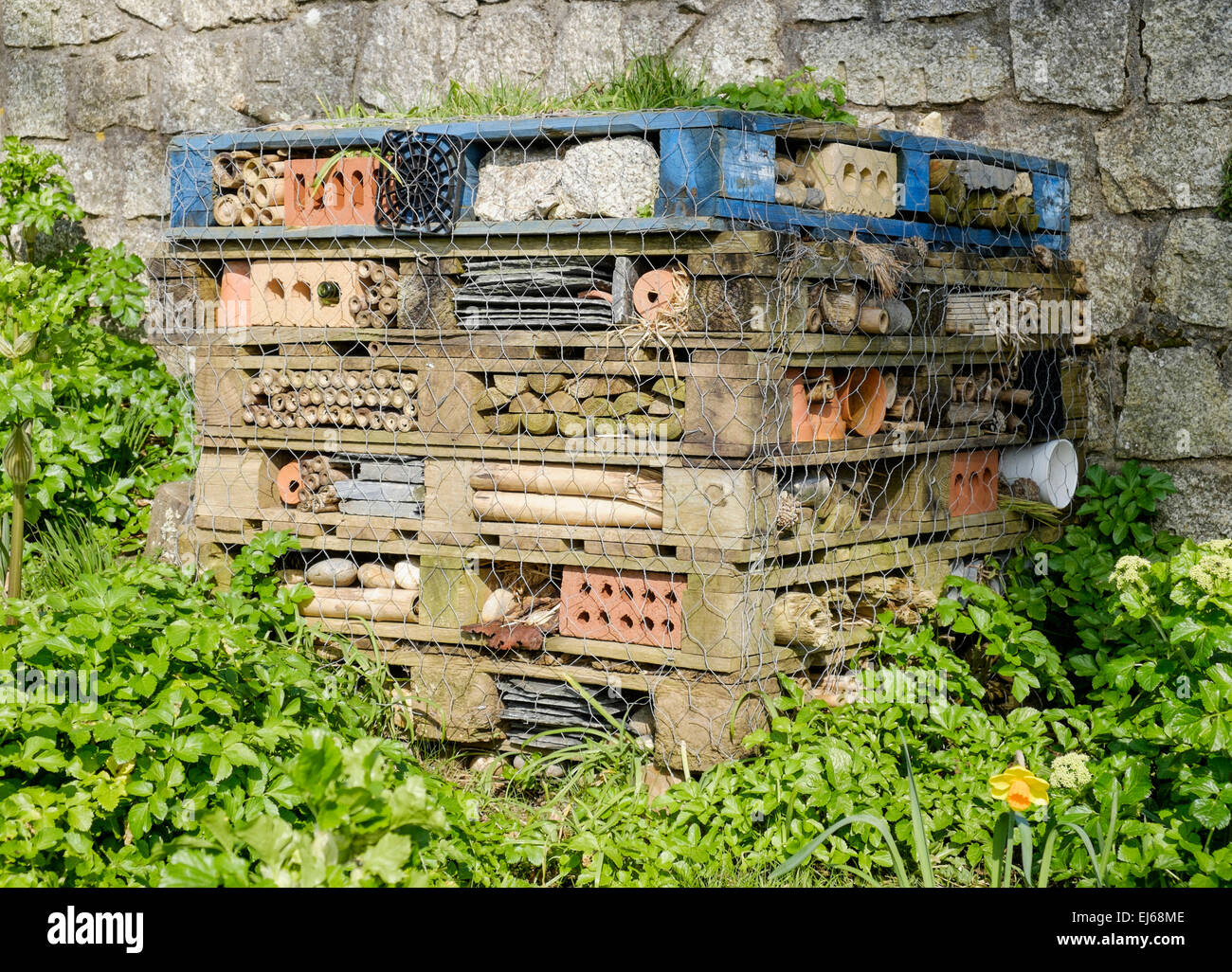 Un hotel de bichos. Una pila de viejas paletas llenas de ladrillos, madera y otros objetos para atraer insectos como abejas solitarias y escarabajos Foto de stock