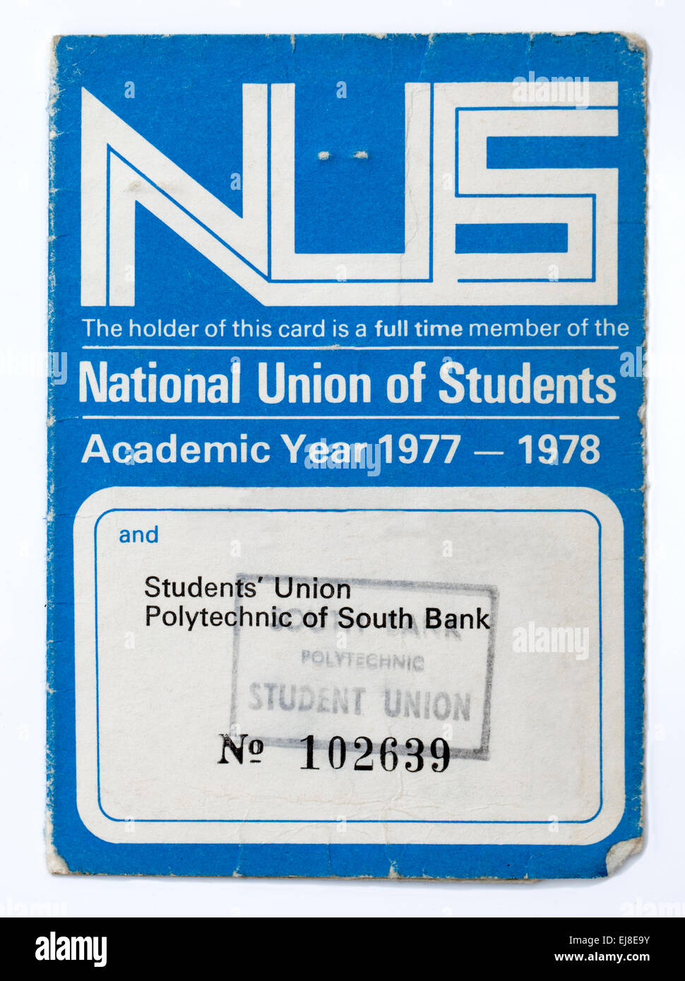 Unión Nacional de los estudiantes NUS tarjeta de membresía 1977 1978 Foto de stock