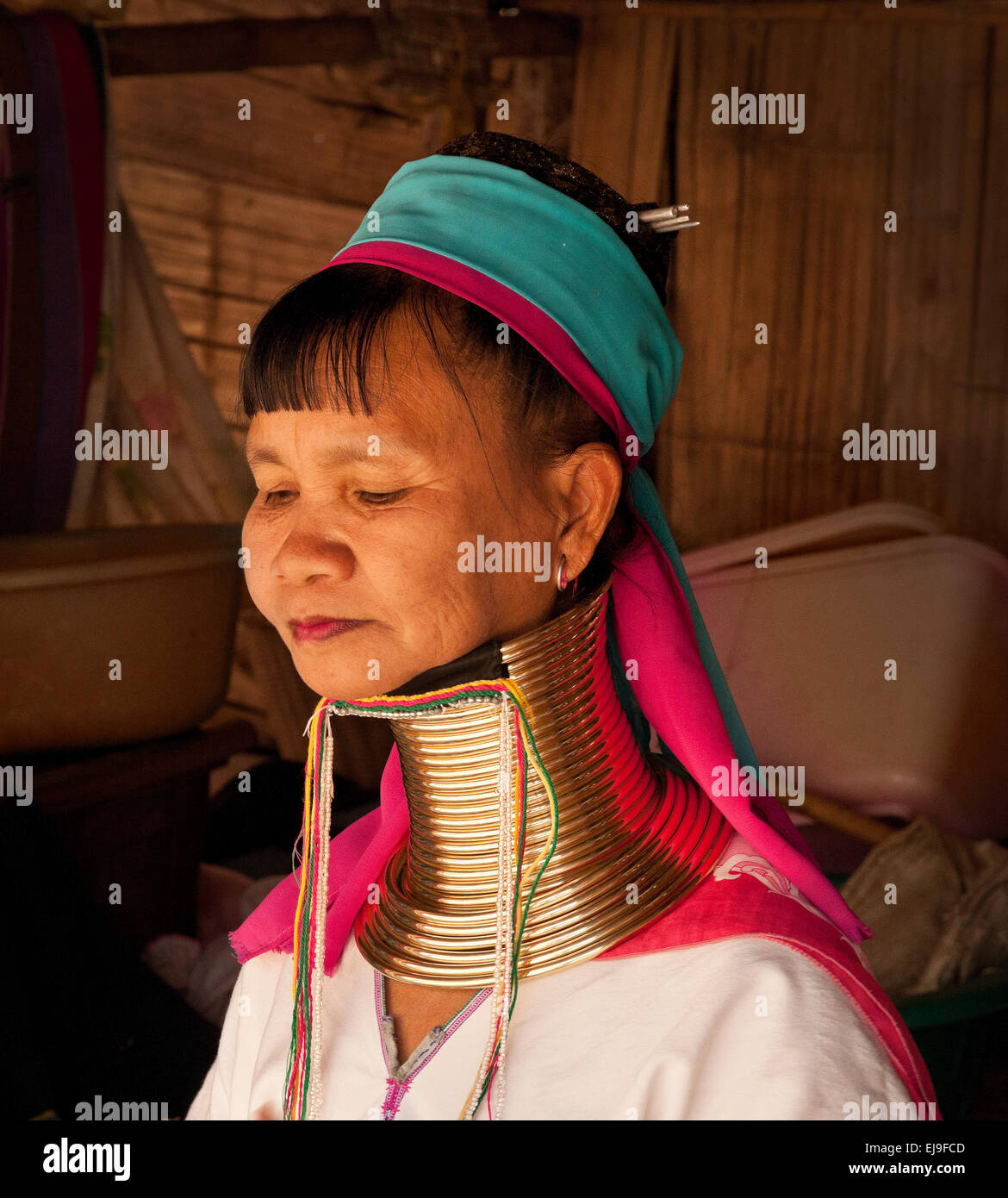 Anciana de la tribu Kayan hill, Myanmar, Birmania. vestida con el tradicional de anillos de bronce en el cuello. Foto de stock