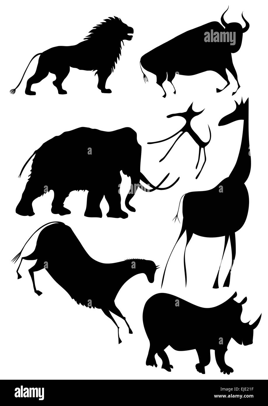 Siluetas vectoriales - diferentes animales en el estilo de pintura rupestre  Imagen Vector de stock - Alamy