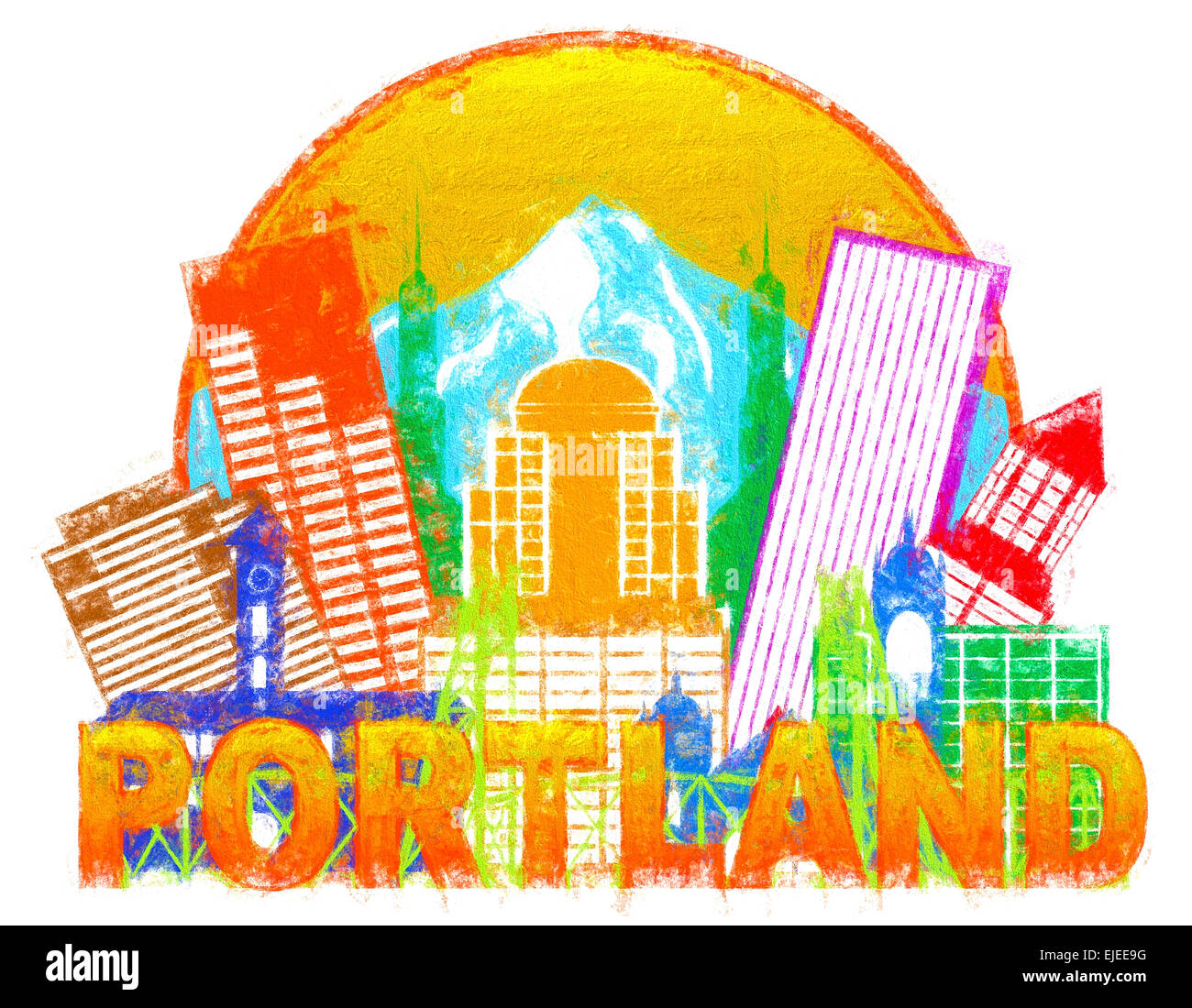 Portland Oregon Silueta de esquema con vistas al horizonte de la ciudad el centro de círculo texto Color aislado sobre fondo blanco impresionista illus Foto de stock