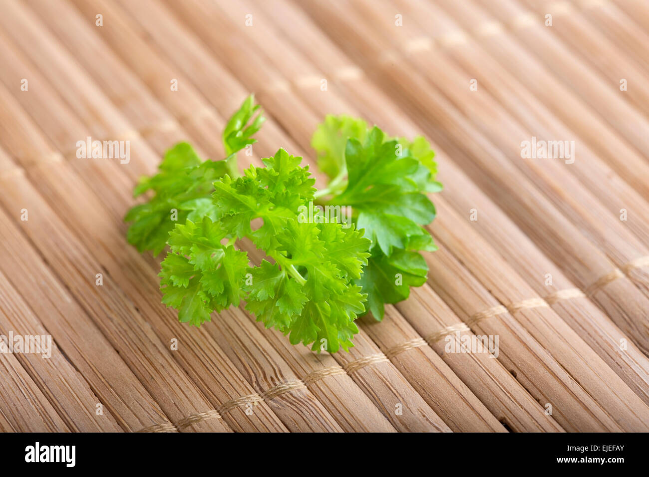 Frescas hojas de perejil rizado sobre un mantel de madera Foto de stock