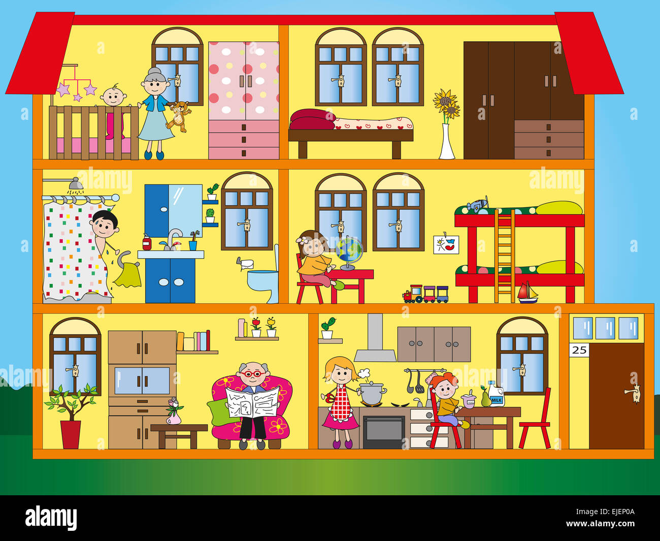 Ilustración del interior casa con familia Fotografía de stock Alamy