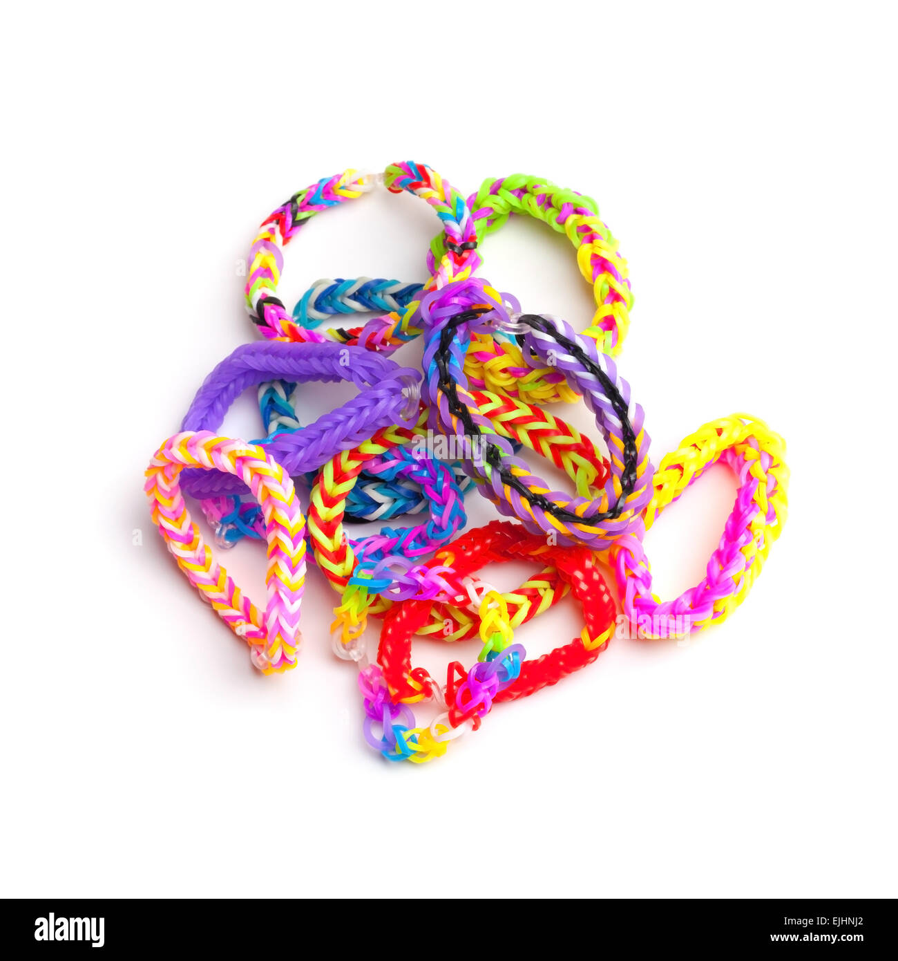 Grupo de coloridas pulseras rubber band aislado en blanco de moda, accesorios de moda adolescentes Foto de stock