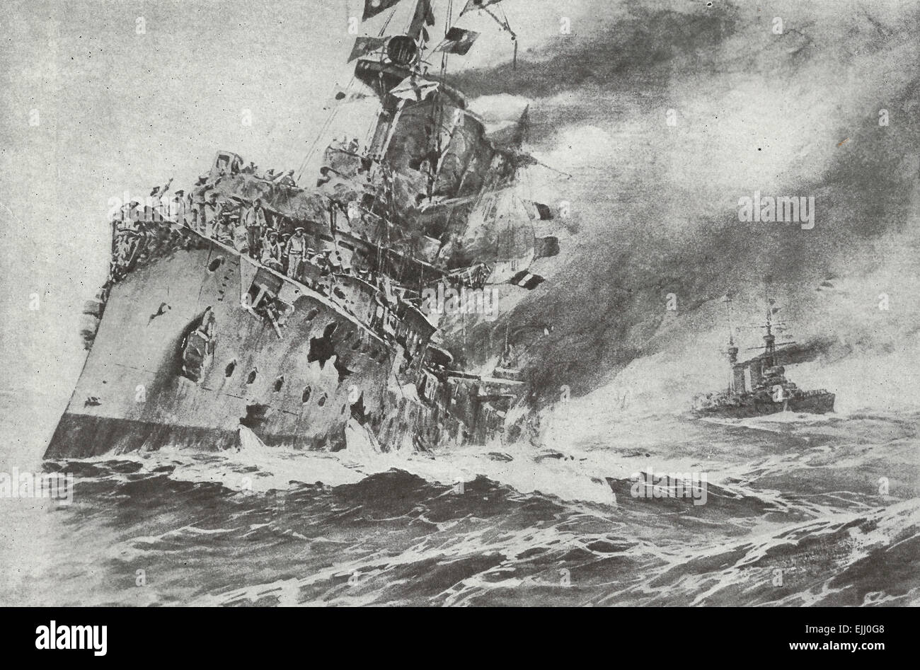 El hundimiento del crucero ligero alemán Nurnberg fuera de las Islas Falkland, 1914 Foto de stock