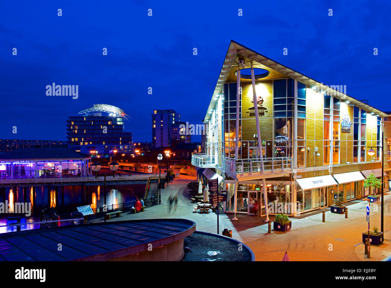 Mermaid Quay, la Bahía de Cardiff, en la noche, Gales, Reino Unido Foto de stock