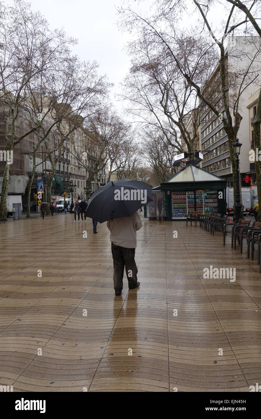 Hombre con paraguas en lluvioso caminando por Las Ramblas, Barcelona, Cataluña, España Fotografía de stock Alamy