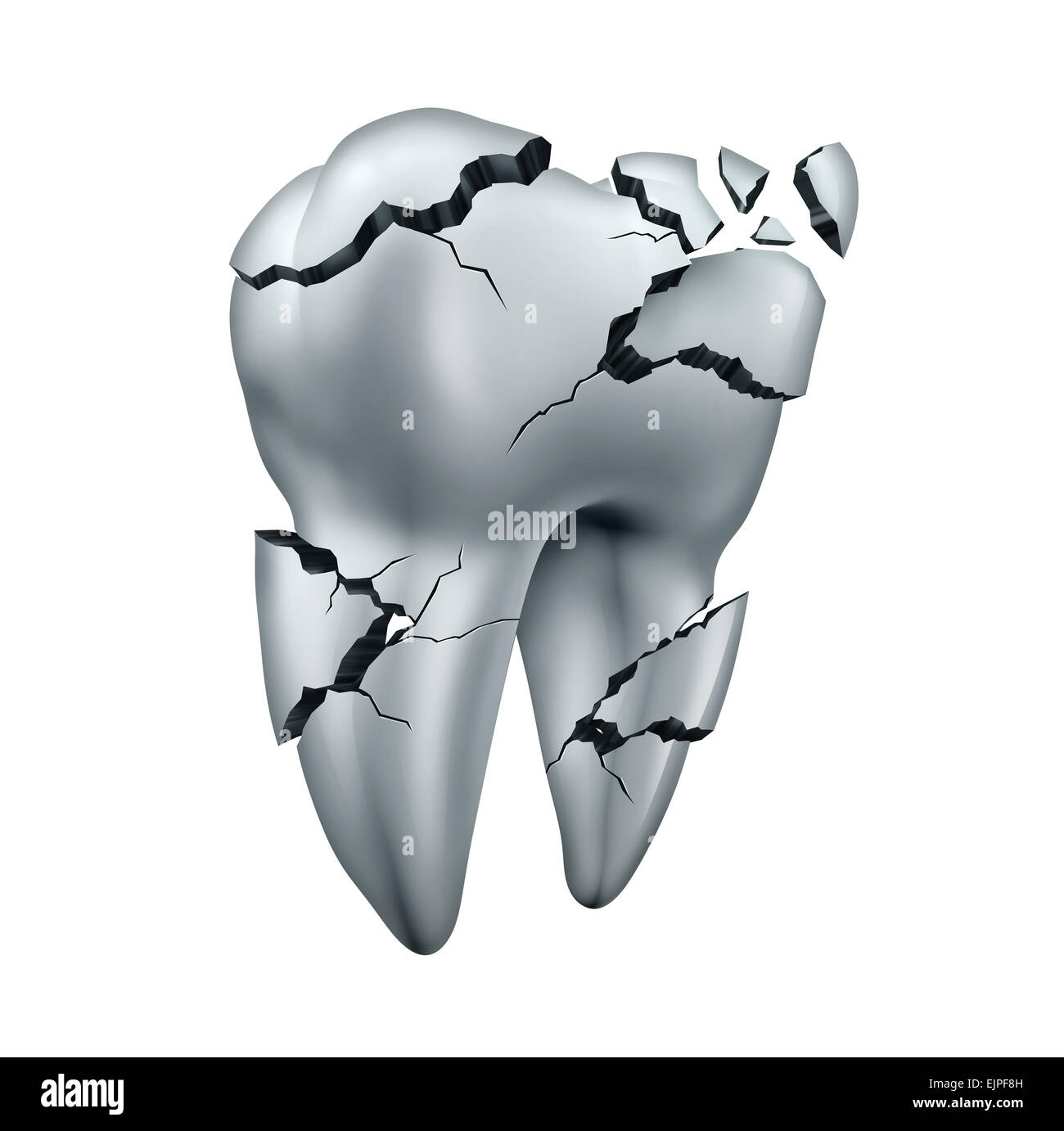 Símbolo dental diente roto y dolor de muelas odontología concepto como un único molar dañado agrietado sobre un fondo blanco aisladas. Foto de stock