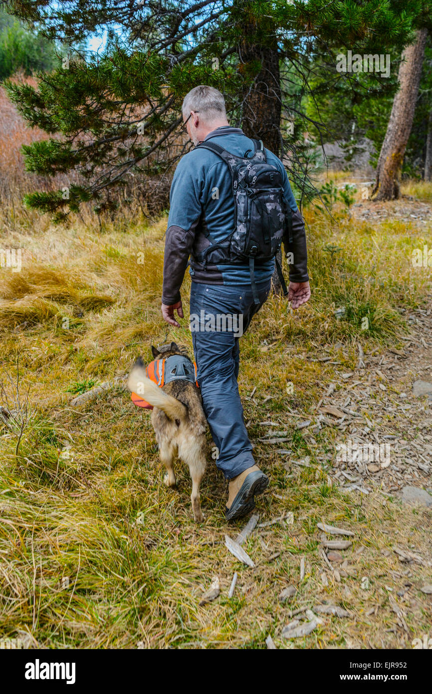 Hombre caucásico senderismo con perro el sendero del bosque Foto de stock