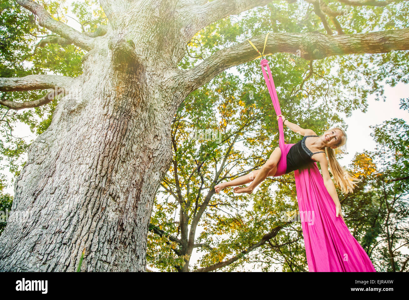 Acrobático chica caucásica colgando sobre tela bajo el árbol Fotografía de  stock - Alamy