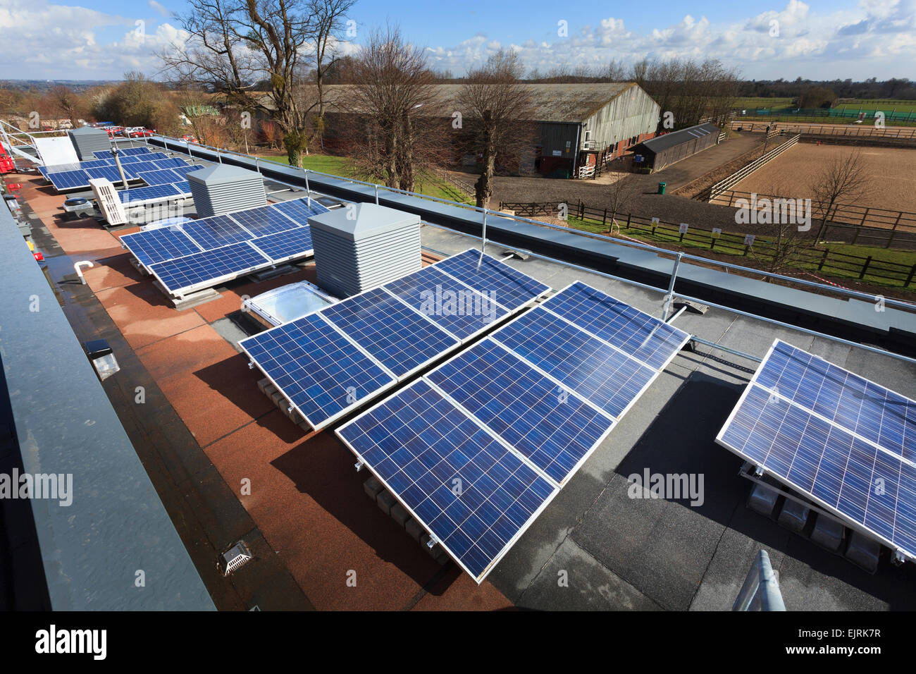 Fila de células fotovoltaicas en el techo del edificio del colegio moderno Foto de stock