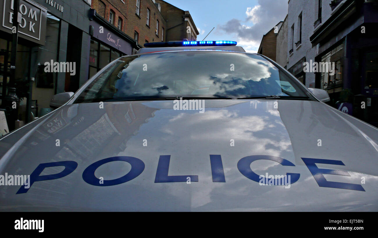 Un coche de policía con luz azul parpadeante Foto de stock