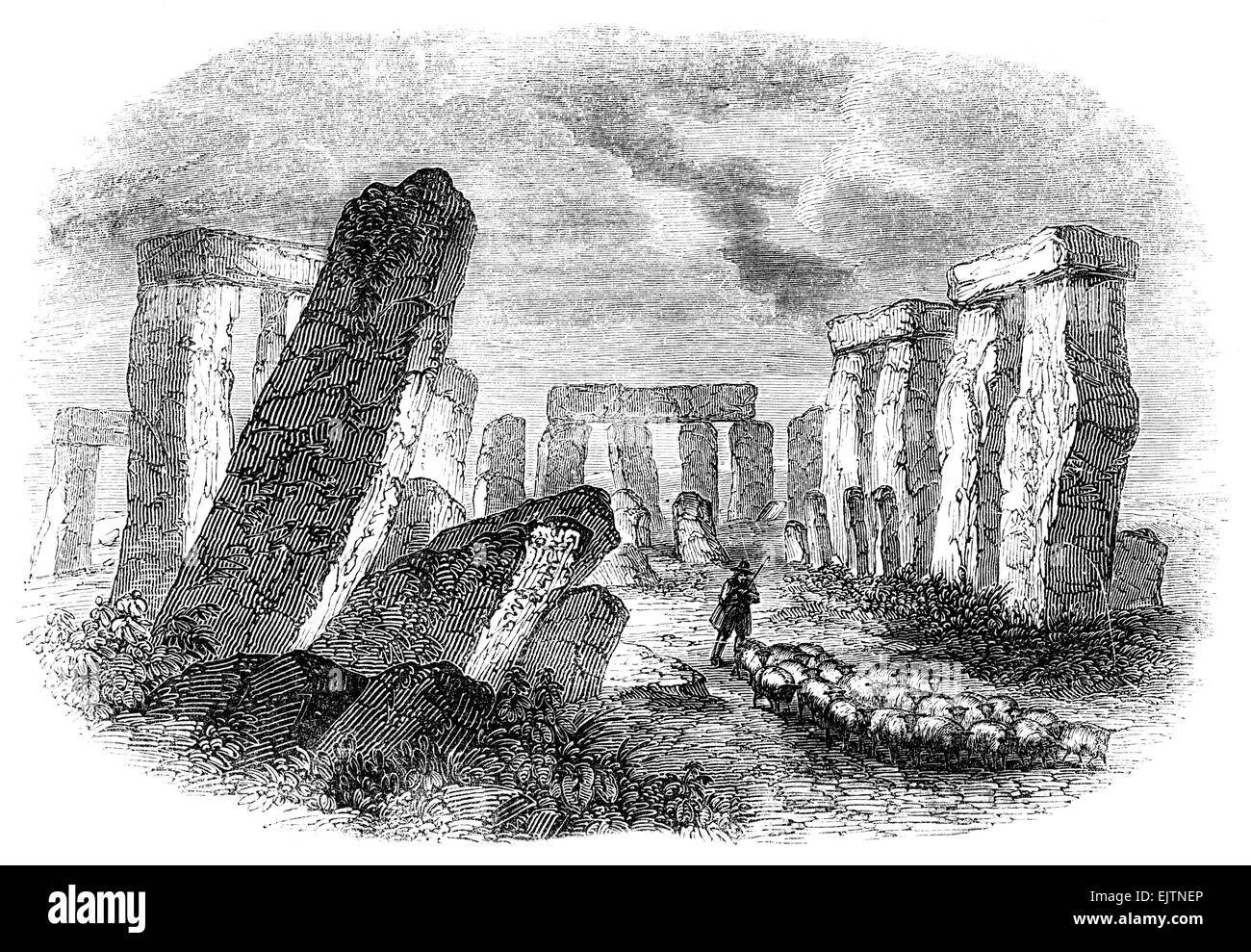 Ilustración grabada de Stonehenge, monumento desde 1844 Foto de stock