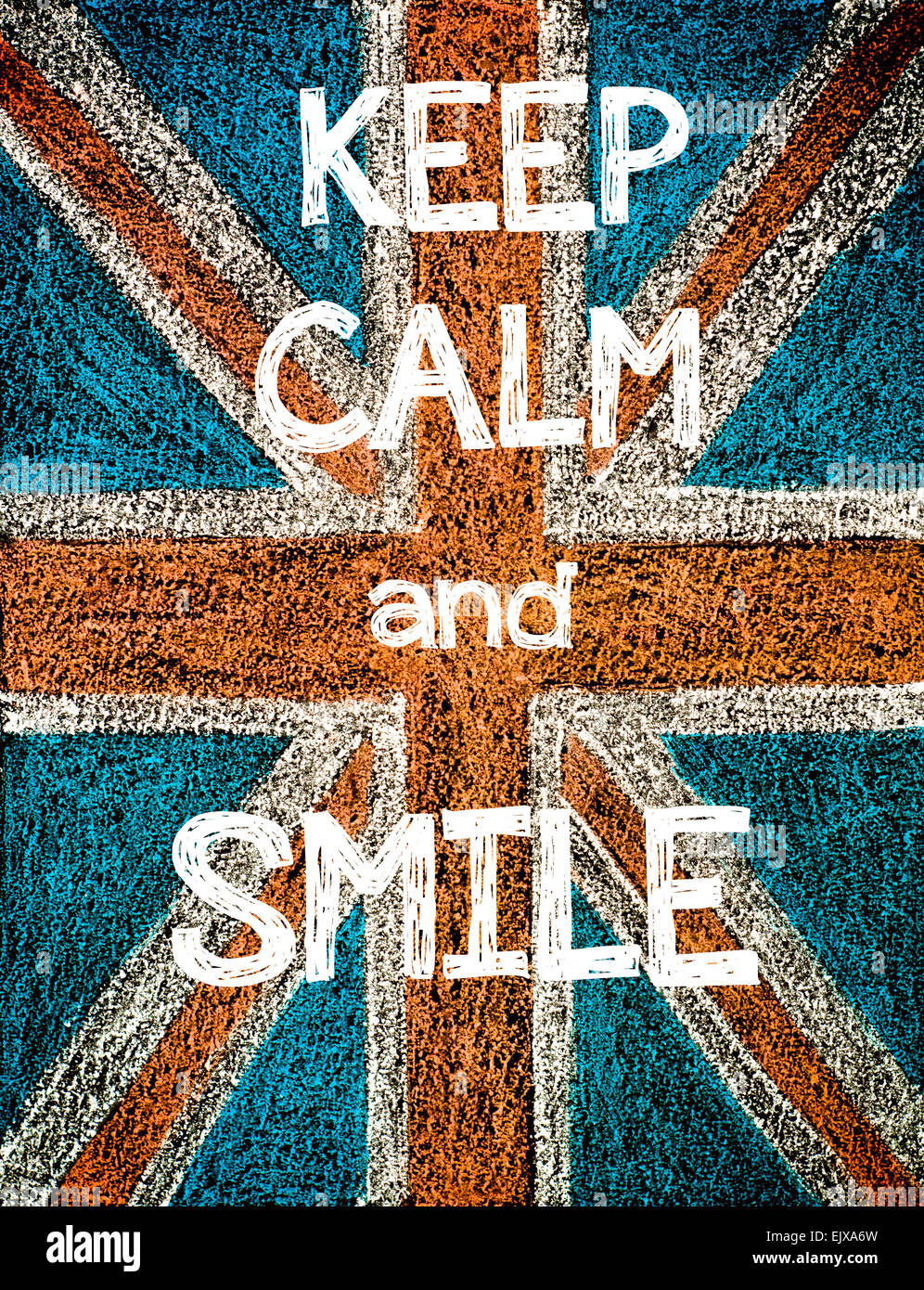 Mantener la calma y la sonrisa. Reino Unido (British Union Jack) bandera, vintage de dibujo a mano alzada con tiza en el pizarrón, humor imagen concepto Foto de stock