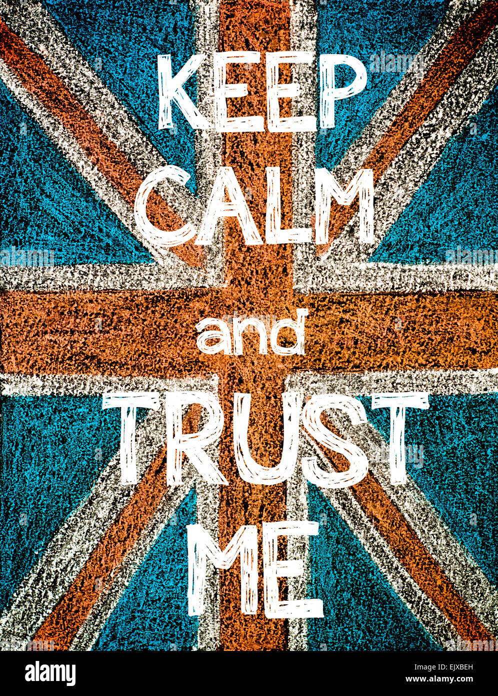 Mantener la calma y confianza Me. Reino Unido (British Union Jack) bandera, vintage de dibujo a mano alzada con tiza en el pizarrón, humor imagen concepto Foto de stock