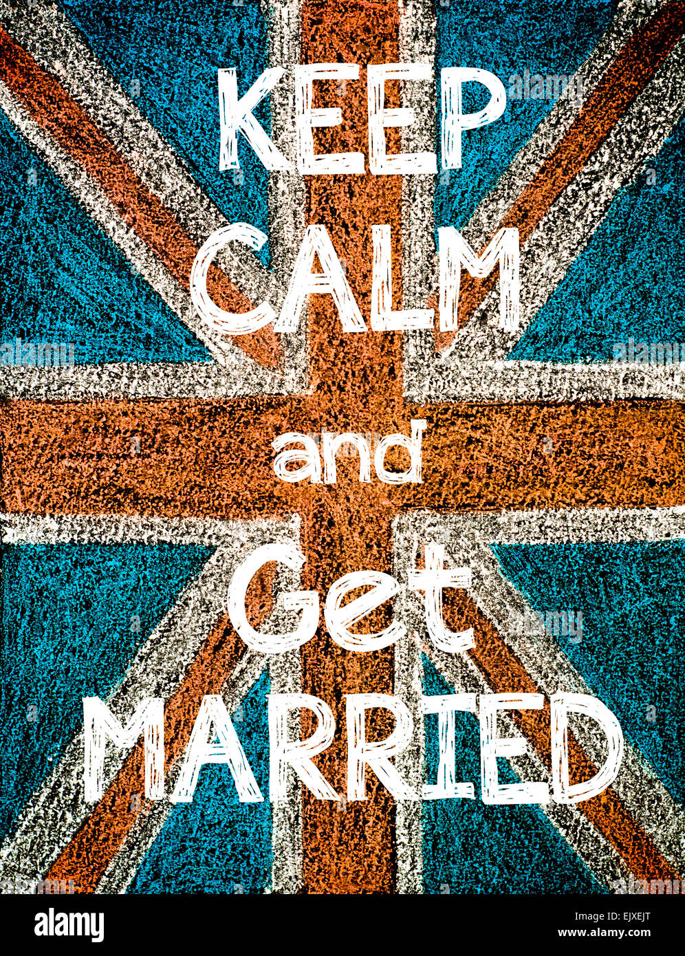 Mantener la calma y casarse. Reino Unido (British Union Jack) bandera, vintage de dibujo a mano alzada con tiza en el pizarrón, humor imagen concepto Foto de stock