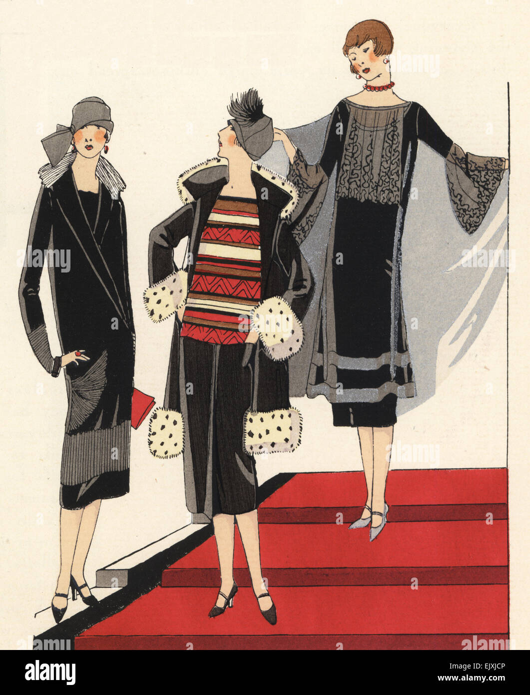 Mujer con abrigo negro adaptados, mujer en negro vestido de tres piezas  recortadas con lynx de pieles, y la mujer en negro satinado cena Vestido  crepé adornada con encajes, 1923 Fotografía de