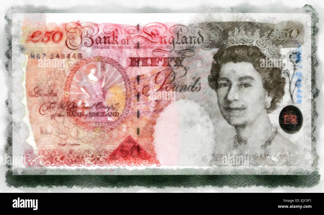 Billete,Moneda, cincuenta libras de 2006, Inglaterra, la Reina de Inglaterra, Isabel II, ilustraciones Foto de stock