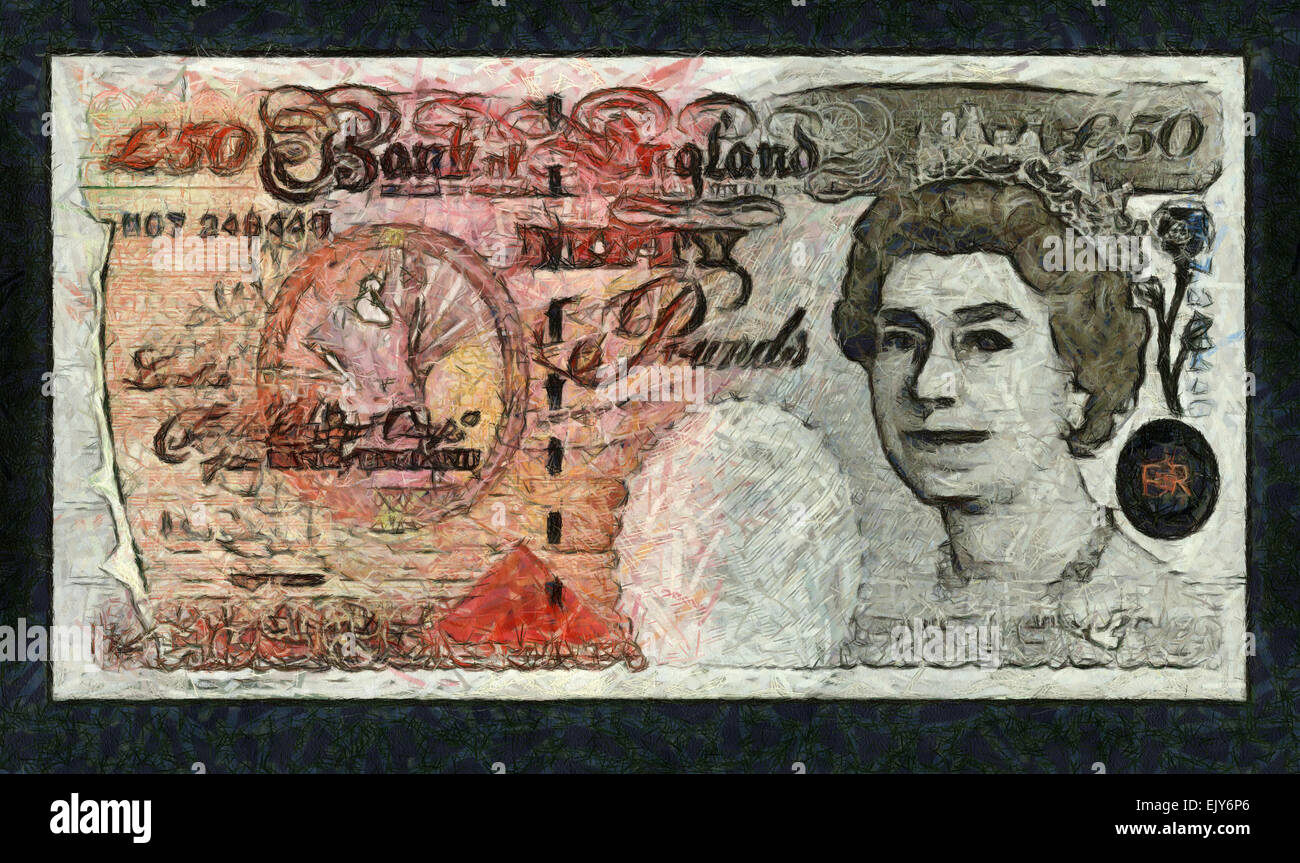 Billete,Moneda, cincuenta libras de 2006, Inglaterra, la Reina de Inglaterra, Isabel II, ilustraciones Foto de stock