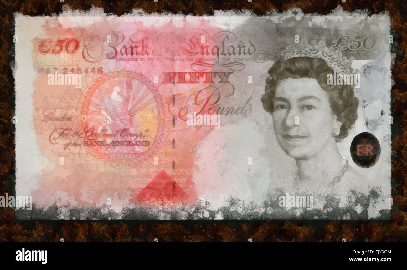 Billete,Moneda, cincuenta libras de 2006, Inglaterra, la Reina de Inglaterra, Isabel II, ilustraciones Foto de stock