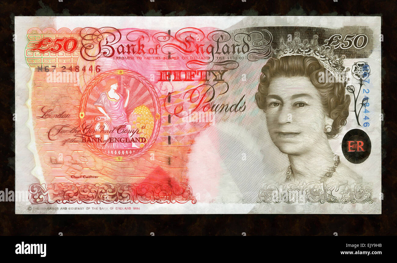 Billete,Moneda, cincuenta libras de 2006, Inglaterra, la Reina de Inglaterra, Isabel II, ilustraciones Foto de stock