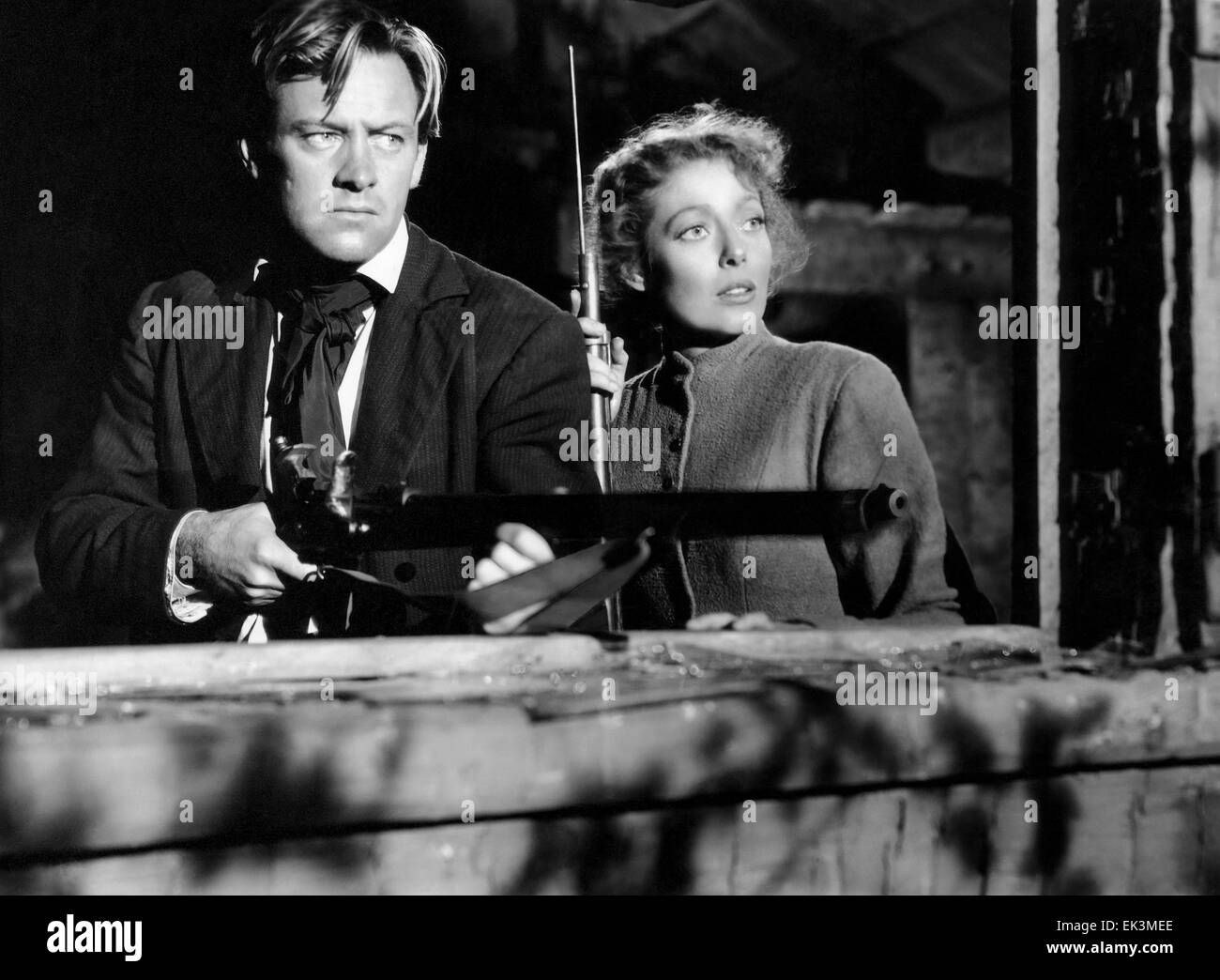 William Holden, Loretta Young, en el plató de la película "Rachel y el forastero', 1948 Foto de stock