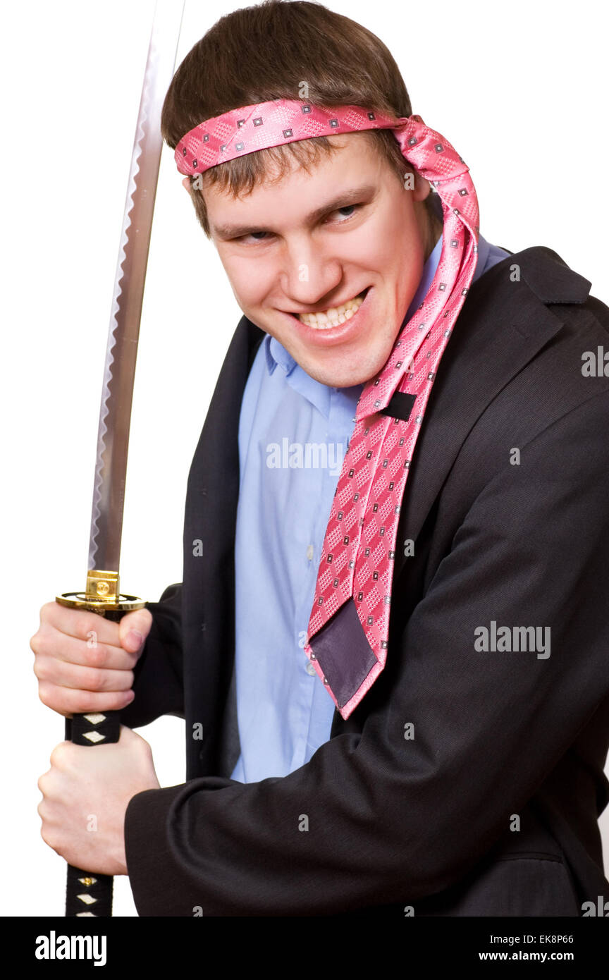 Loco, hombre de negocios con una espada Fotografía de stock - Alamy