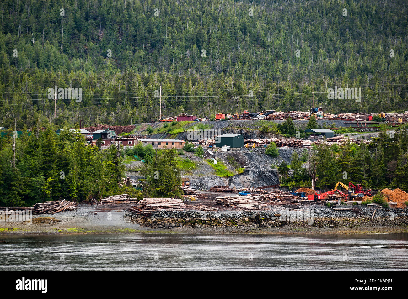 Campamento de registro a lo largo del pasaje interior, Alaska, EE.UU. Foto de stock