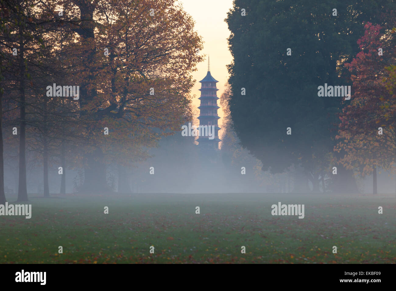 La Pagoda de crepúsculo en Kew Gardens, Sitio del Patrimonio Mundial de la UNESCO, Kew, Greater London, England, Reino Unido, Europa Foto de stock