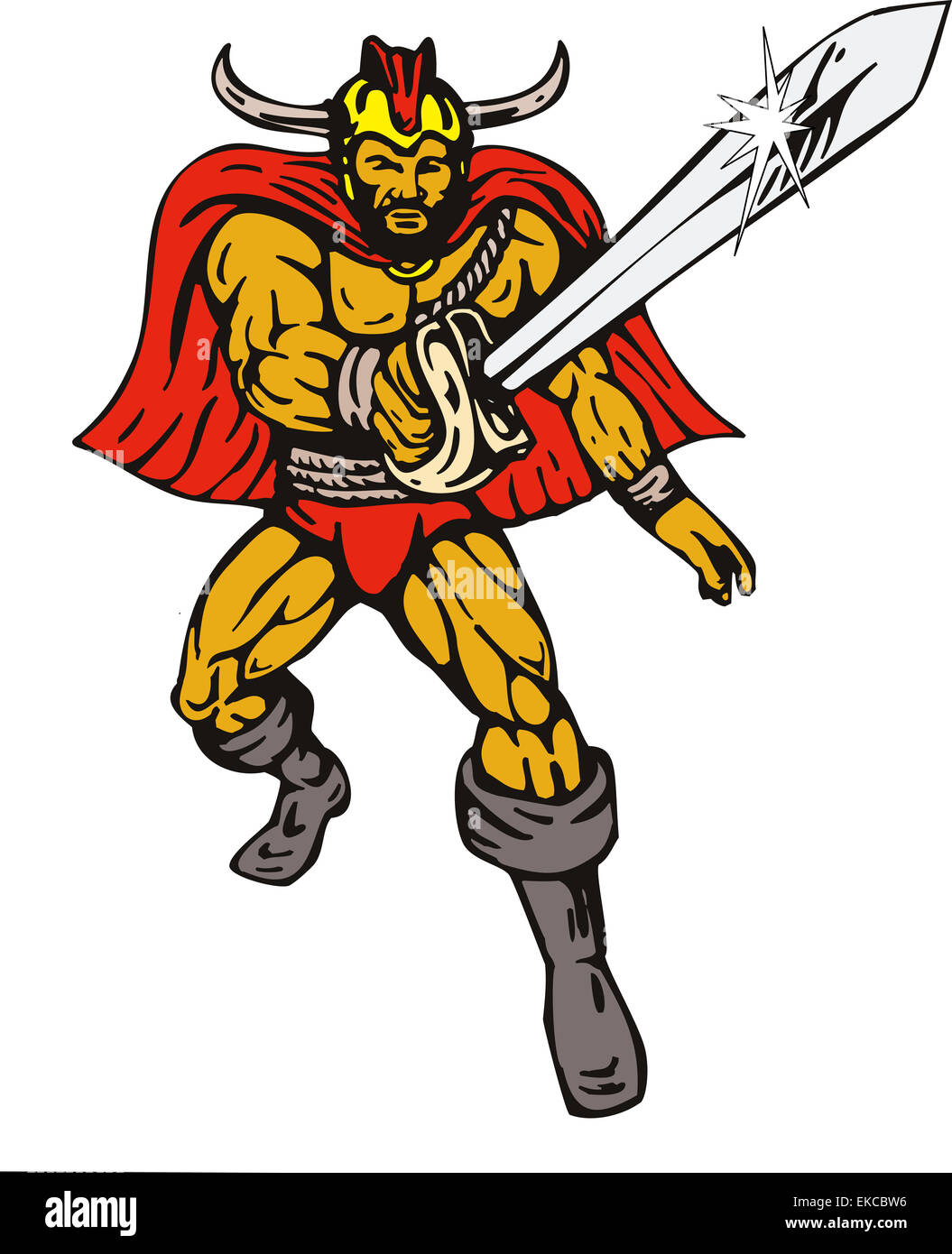 Dibujos animados de super héroe con espada Vikinga Foto de stock