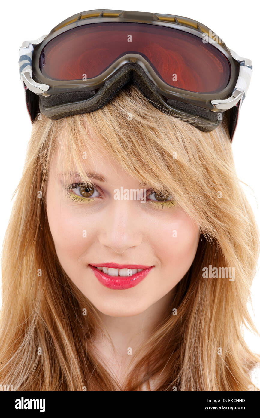 Sonriente adolescente en snowboard gafas Foto de stock