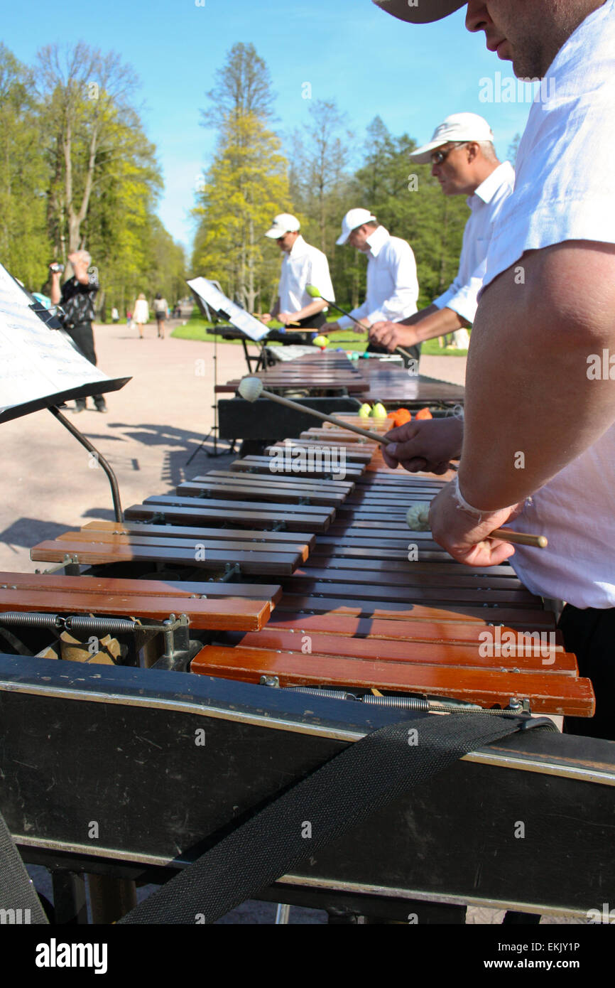 Los platillos de música en San Petersburgo Peterhof. Rusia Foto de stock