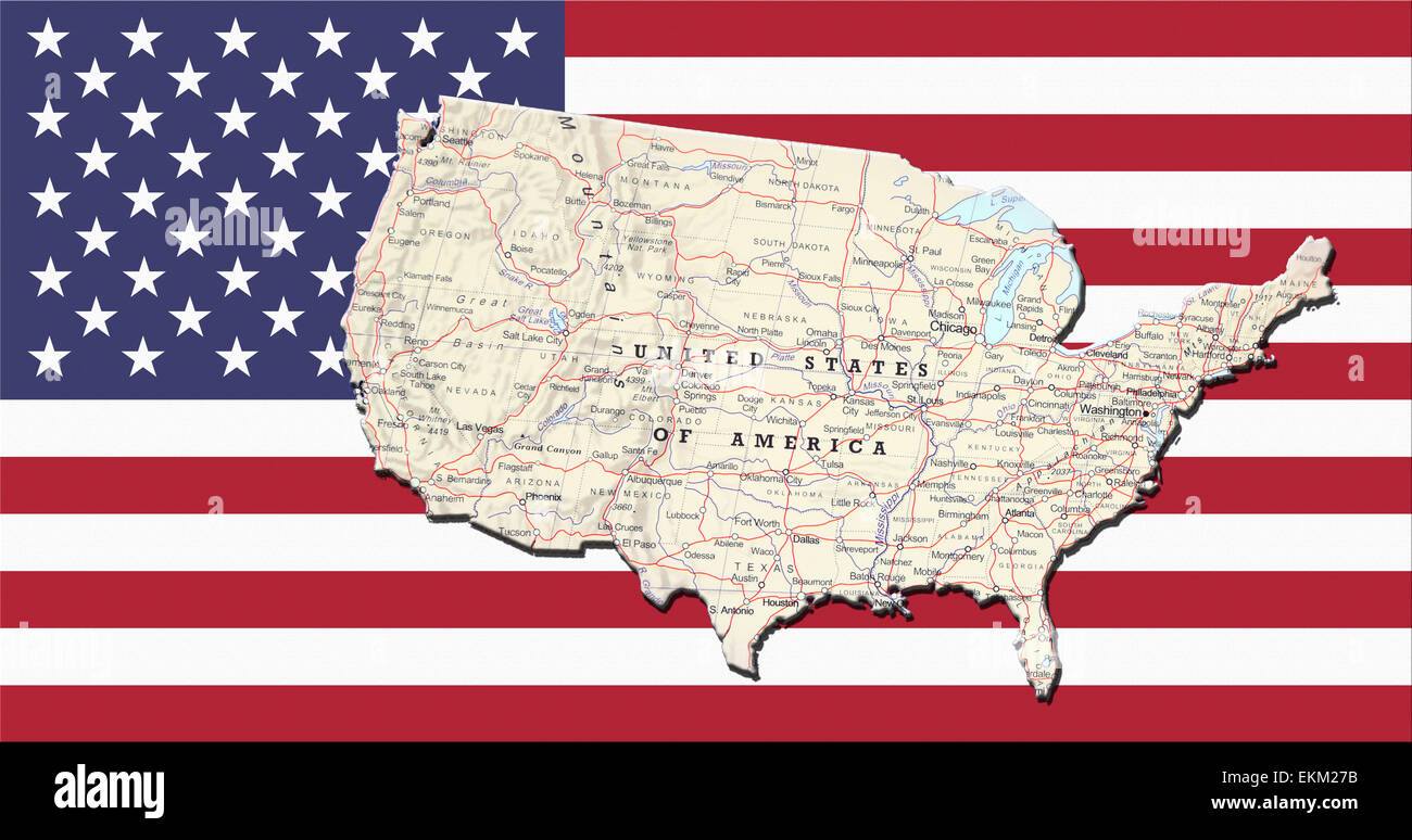 Mapa geográfico de los Estados Unidos de América, con la bandera de