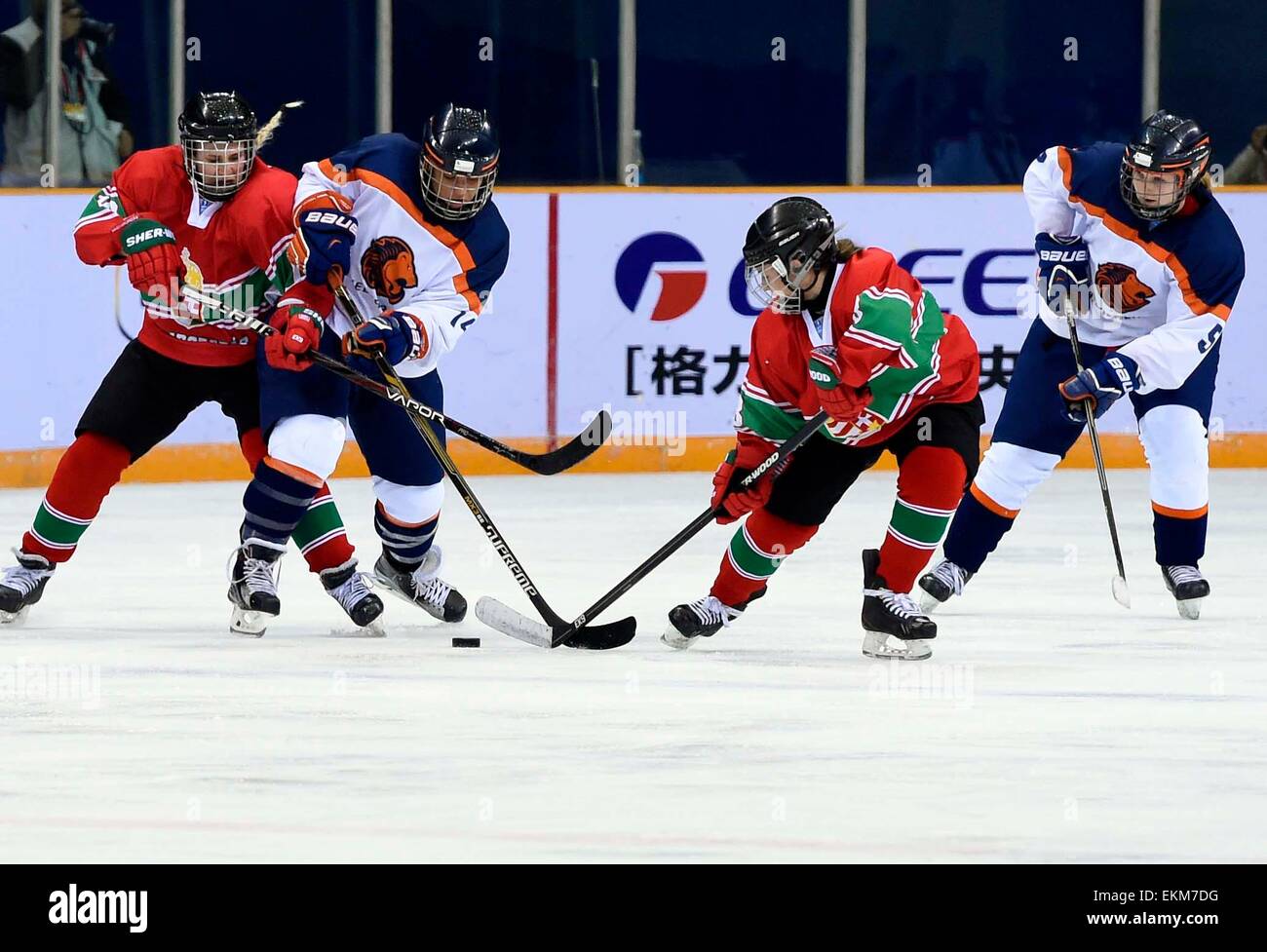 Beijing, China. 12 abr, 2015. Mieneke de Jong (2nd, L) de los Países Bajos impulsa el puck durante el partido entre los Países Bajos y Hungría en el 2015 IIHF Ice Hockey Campeonato Mundial Femenino, división 1 grupo B en el gimnasio de Capital en Beijing, capital de China, el 12 de abril de 2015. Holanda ganó 2-0. Crédito: Gong Lei/Xinhua/Alamy Live News Foto de stock